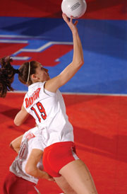 Daytons middle blocker Faye Barhorst leads her team, one of the top two in the Atlantic Ten Conference, into McGonigle Hall this weekend with a matche against the Owls. Both teams enter the weekend with identical 6-1 conference records.